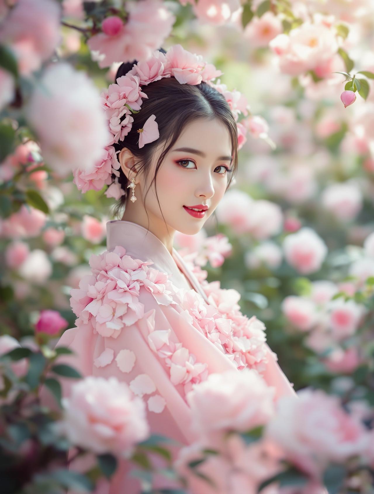 花海仙子 - 身着淡粉裙的女性躺卧于粉色樱花与野花田中，梦幻浪漫春季写真 - 每日福利