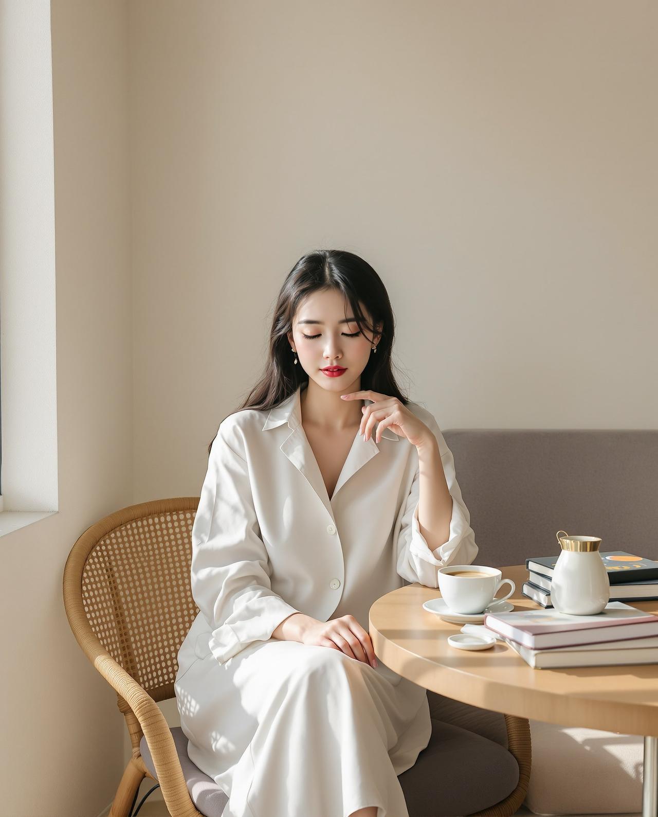ins简约风 - 身着极简白装的年轻女性在明亮现代咖啡馆中，文艺清新日常写真 - 每日福利