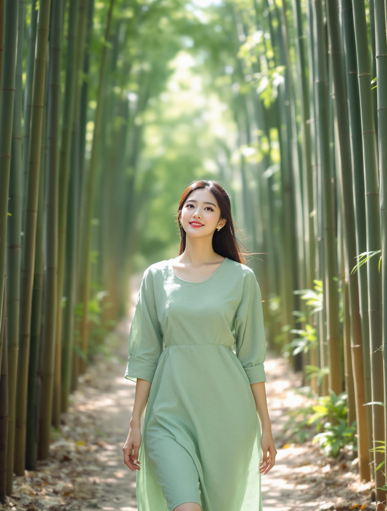 林间漫步 - 身着浅绿亚麻裙的女性漫步于竹林小径，柔和散光自然系森系写真 - 每日福利