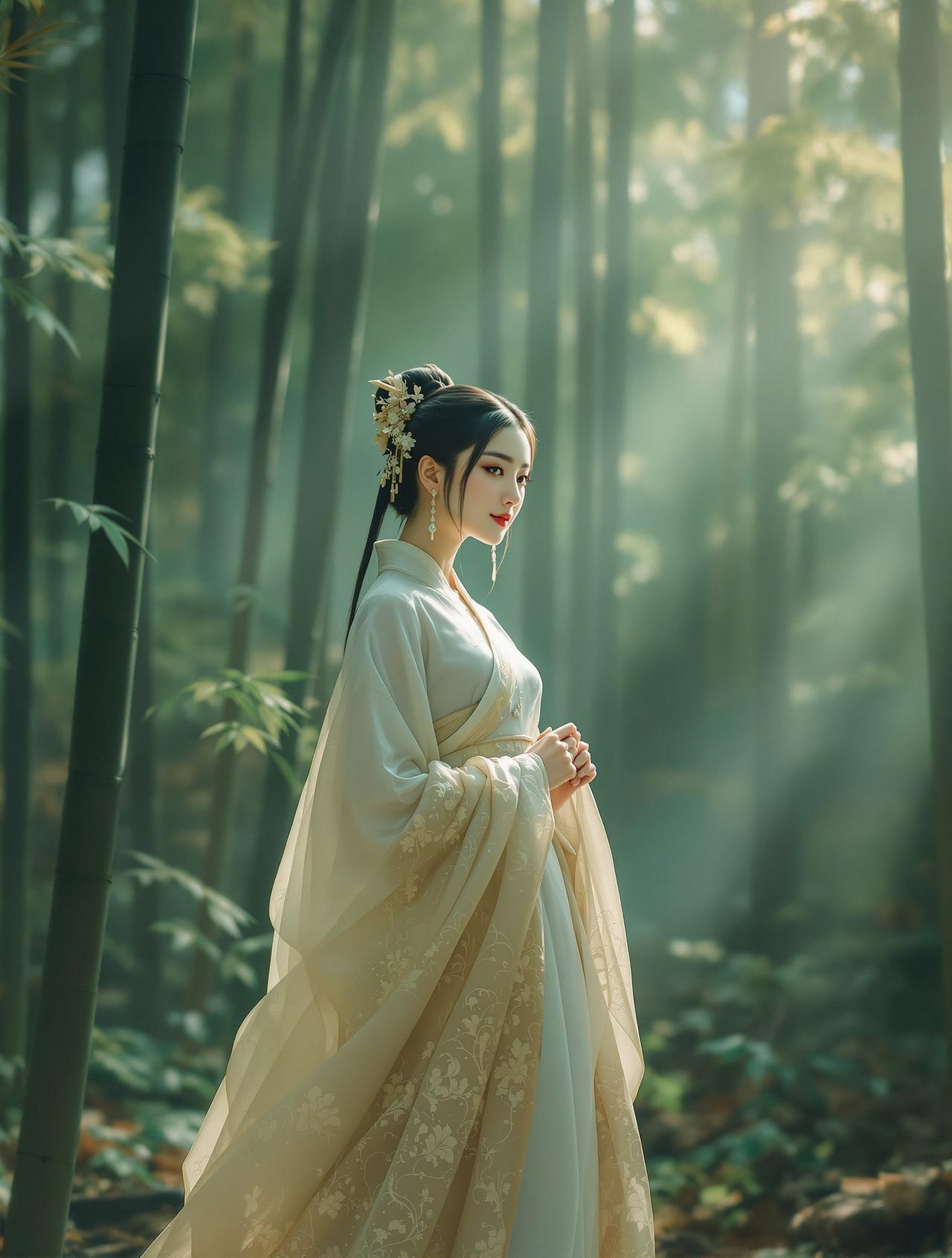 迷雾森林 - 身着白色长裙的女性站在雾气弥漫的古老森林中 - 每日福利